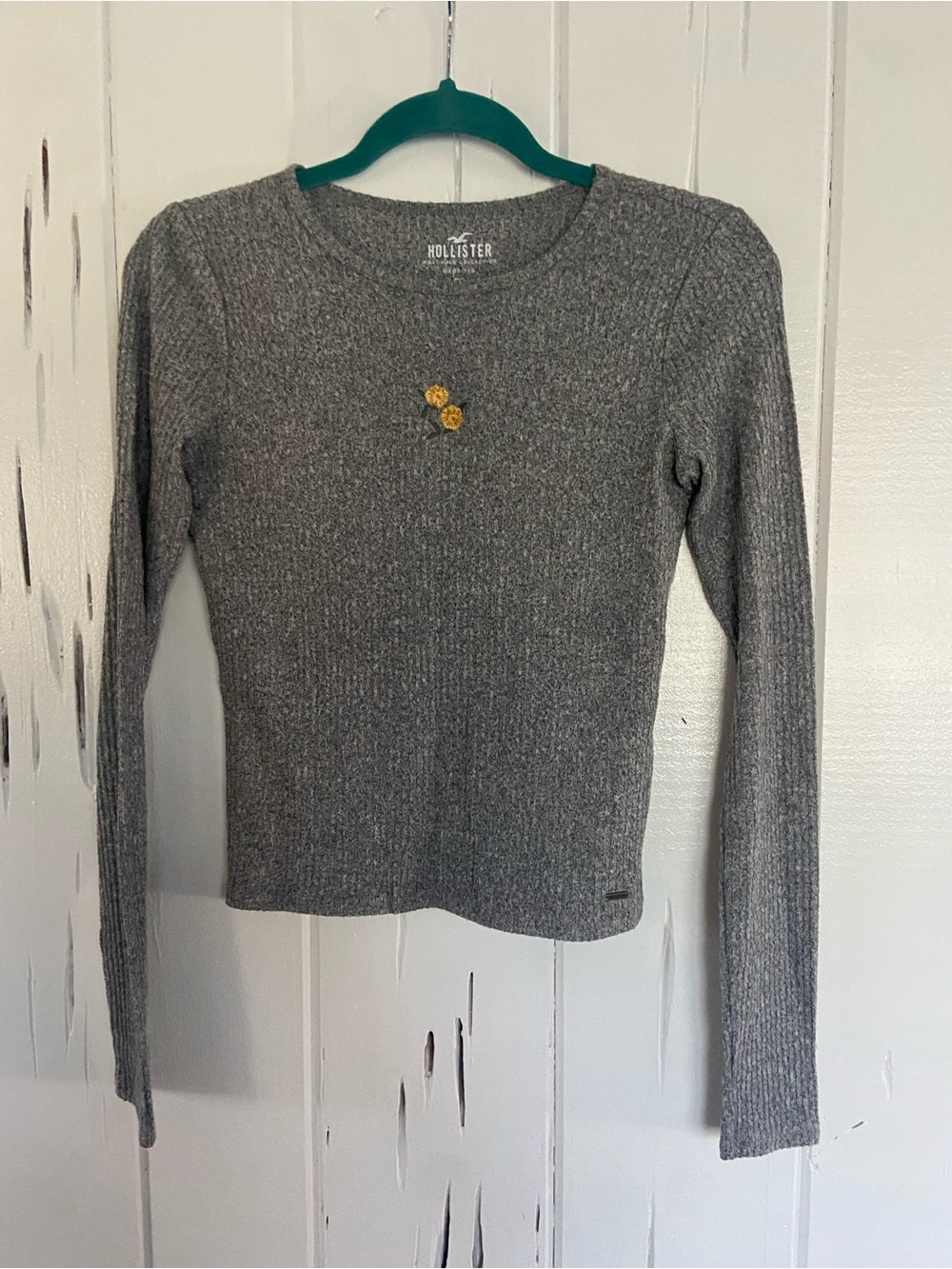Hollister Gray Ribbed Long-Sleeve Top with Yellow Floral Accent